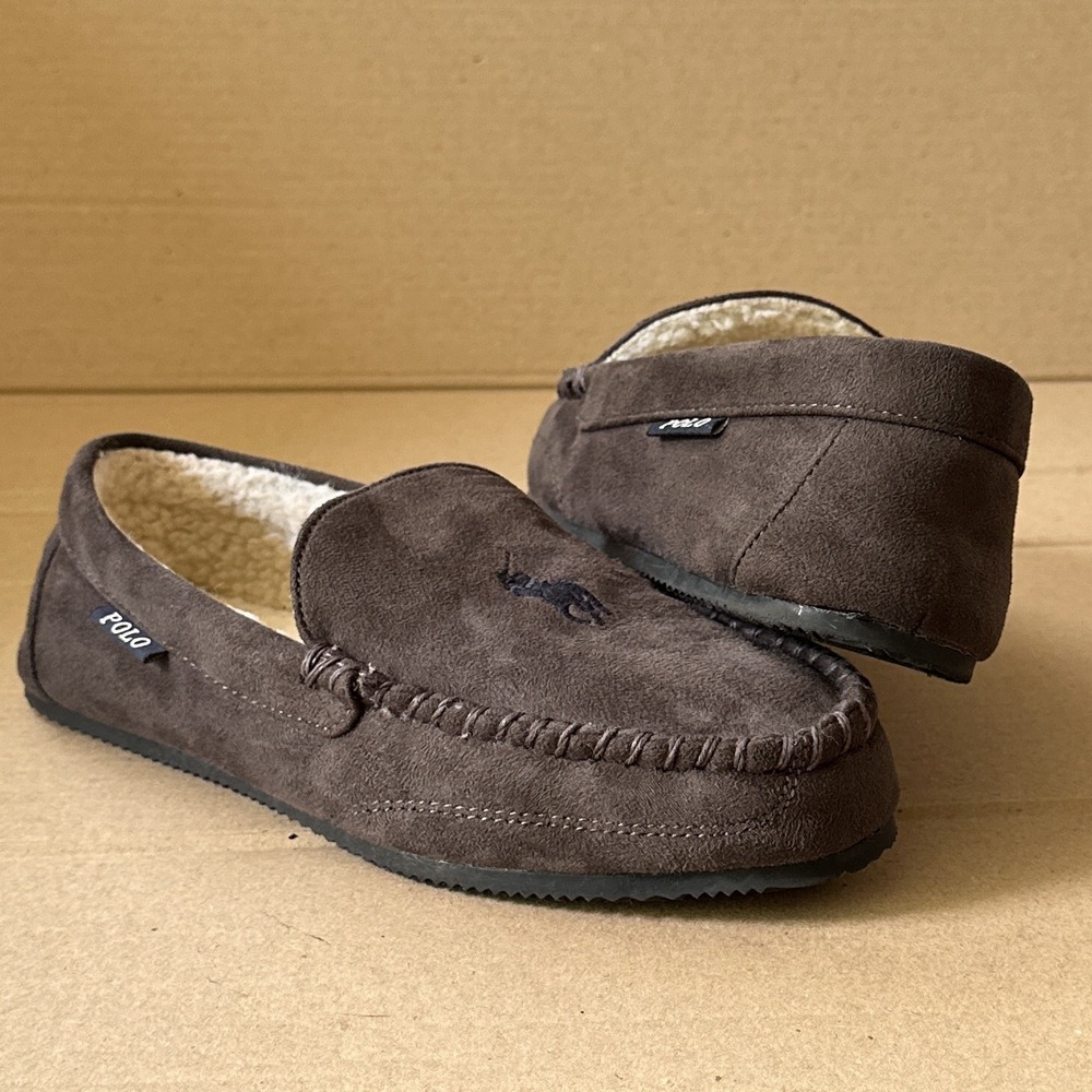 Polo Ralph Lauren Moccasin Loafer Slipper Mens Sz 9 Gray Suede Leather Fleece